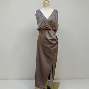 Abercrombie & Fitch Draped Satin Midi Dress XLP Taupe Brown Surplice NEW Party